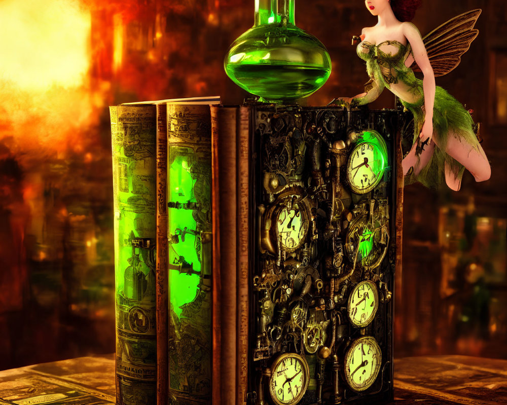 Fairy on Steampunk Books with Green Potion in Warm Setting