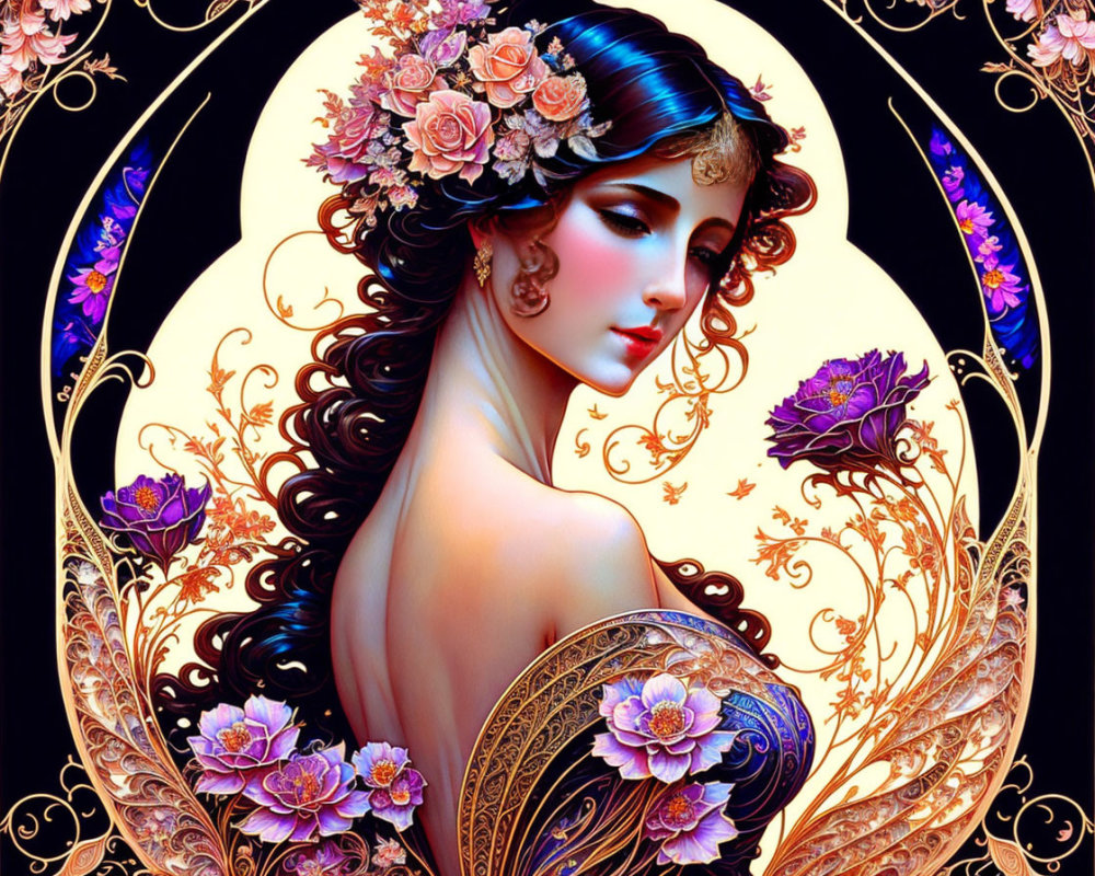 Elaborate Art Nouveau portrait of woman with golden floral designs