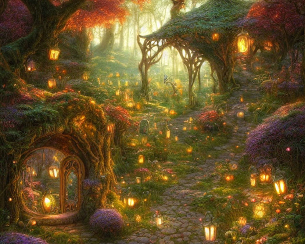 Enchanting twilight forest scene with glowing lanterns, cobblestone path, whimsical treehouses