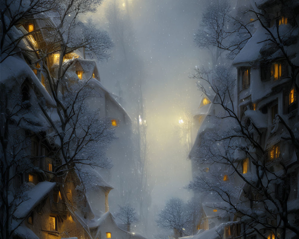 Snow-covered Street with Illuminated Windows and Person Walking at Night