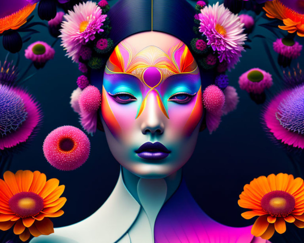 Colorful digital artwork of woman with face paint and flowers on dark background