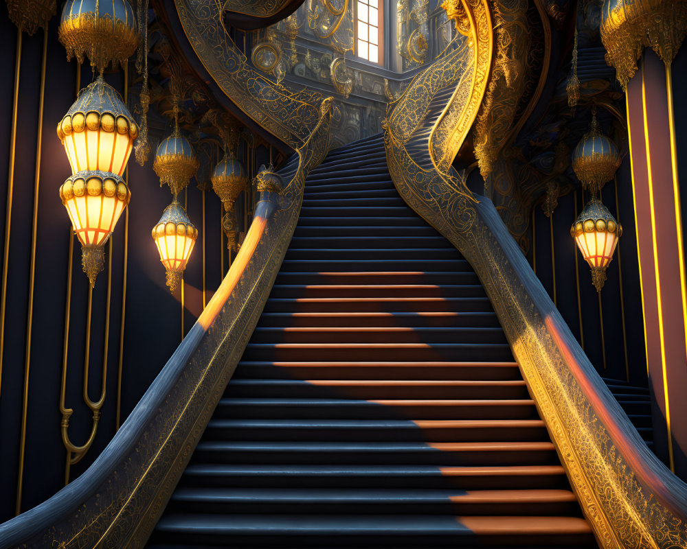 Luxurious ornate staircase with golden embellishments and warm glowing lamps against dark walls