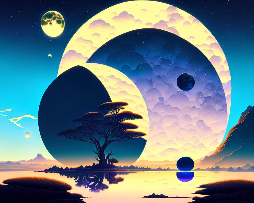 Surreal landscape with lone tree, celestial bodies, and twilight sky