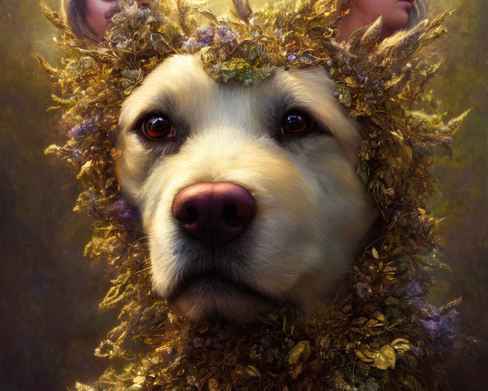 Golden retriever with leafy crown and ethereal figures in soft-lit setting