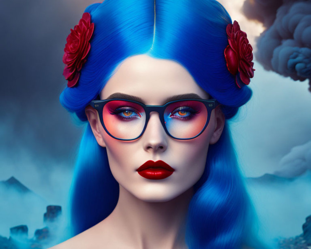 Portrait of woman with blue hair, red flowers, red lipstick, pink glasses against stormy backdrop