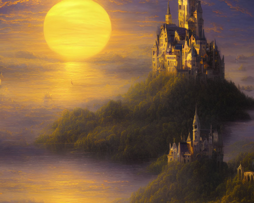 Fairytale castle on a hill at sunset with river view