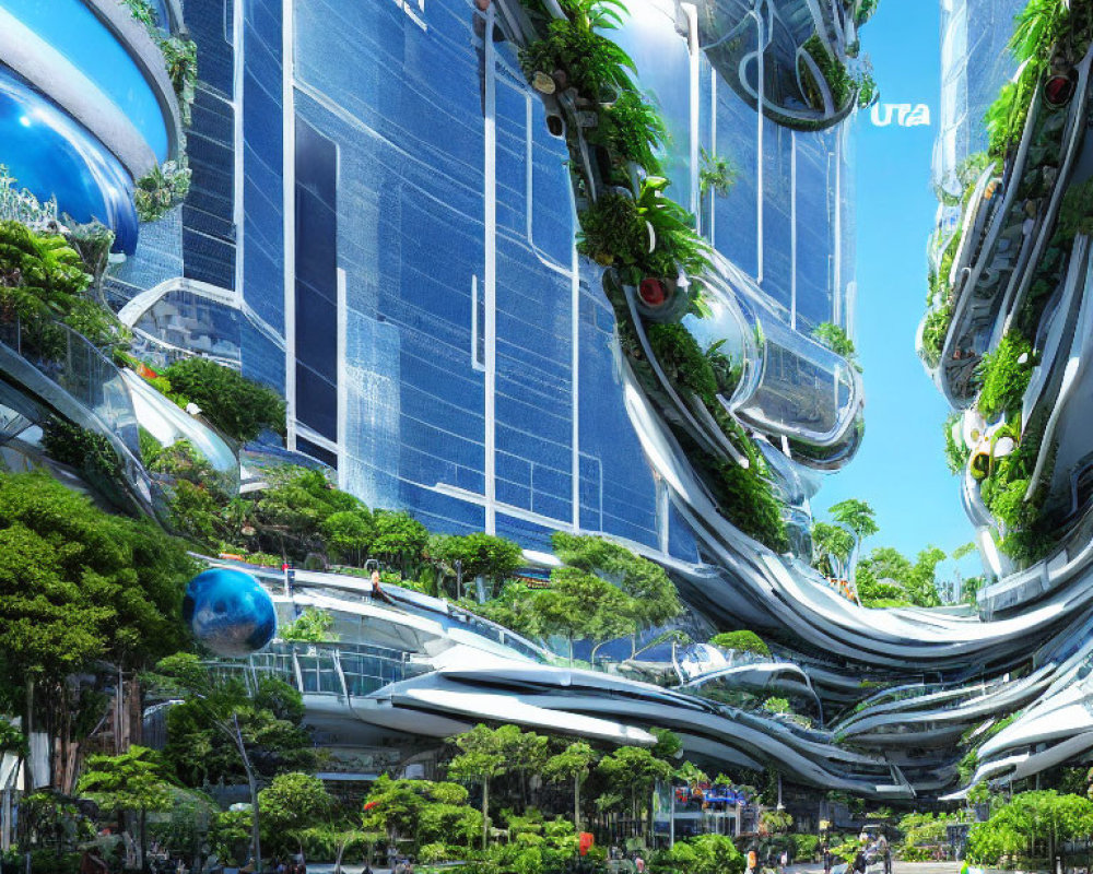 Futuristic cityscape with green-adorned high-rise buildings