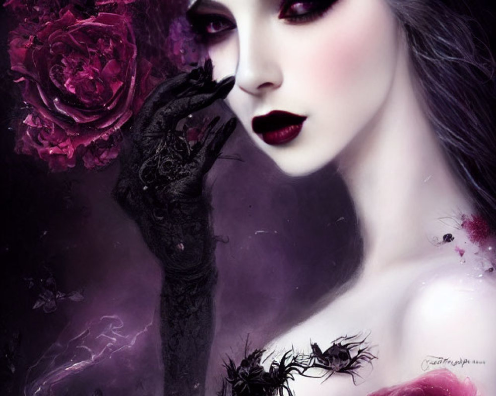 Gothic female figure with dark makeup and roses in hair, purple and black color scheme