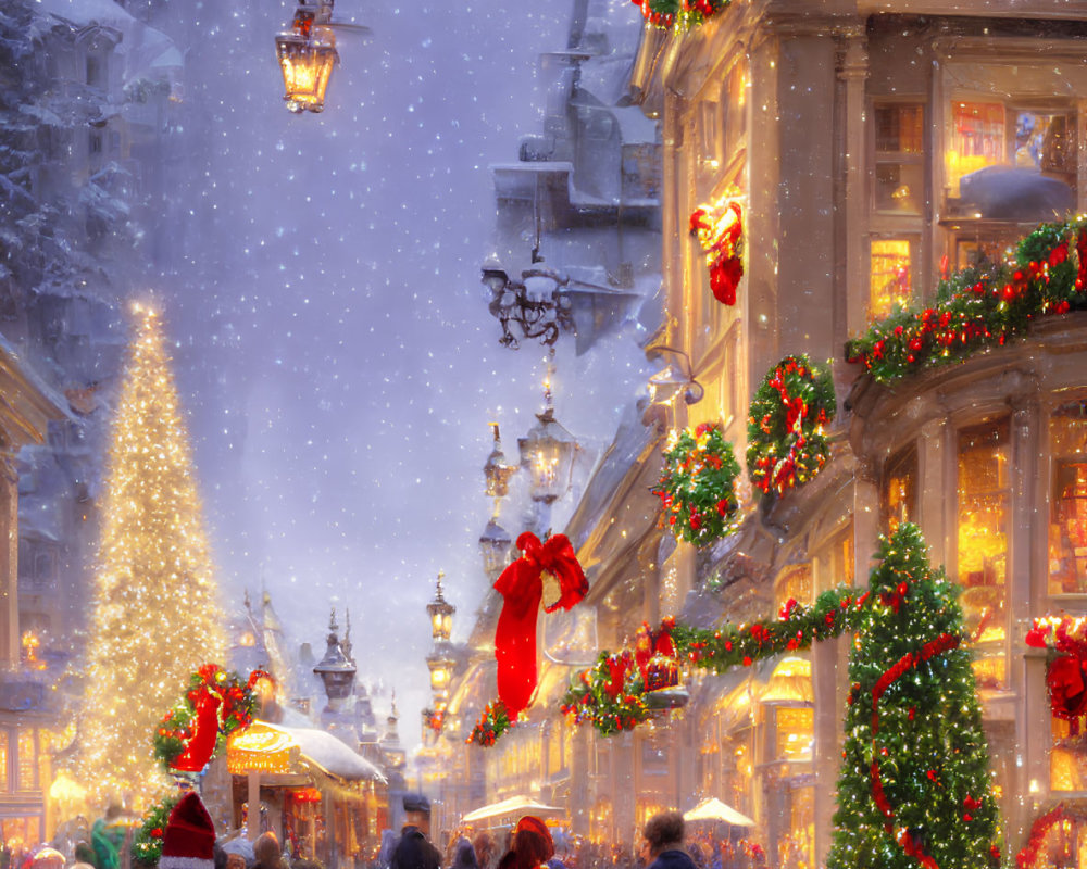 Festive street scene with Christmas tree, snowfall, and ornate lights