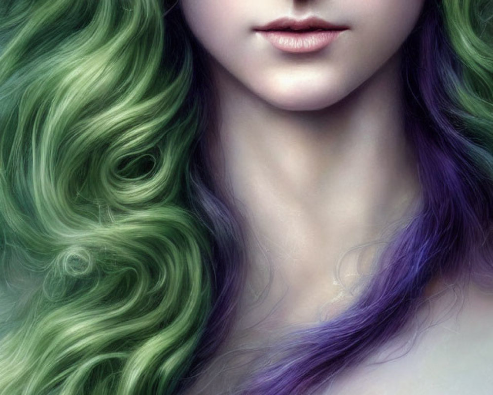 Fantasy character portrait with pointed ears, green wavy hair, striking green eyes, and purple accents