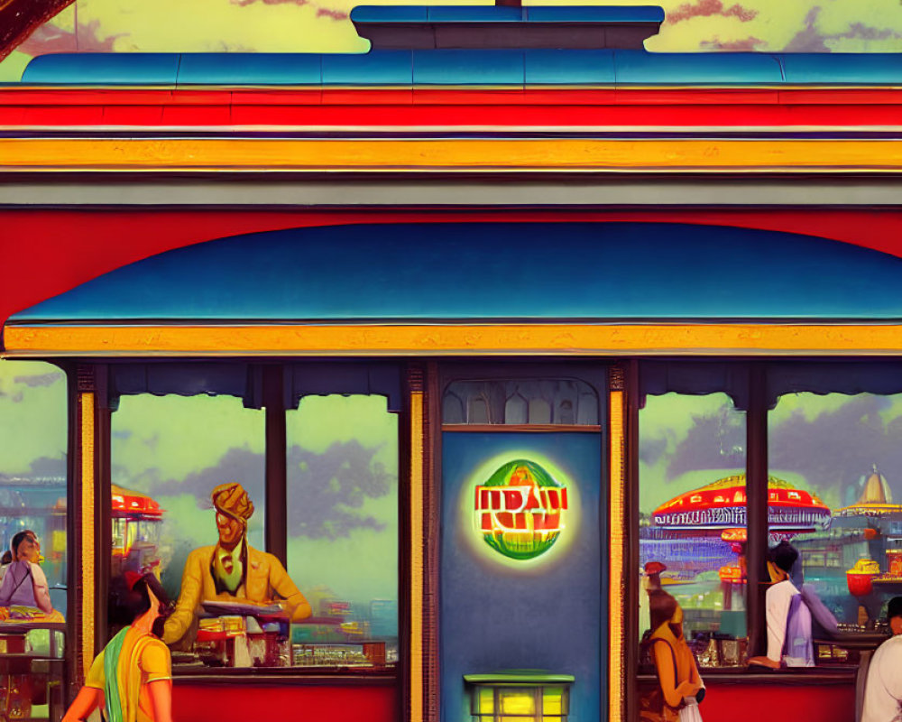 Colorful Retro Diner Illustration with Amusement Park View