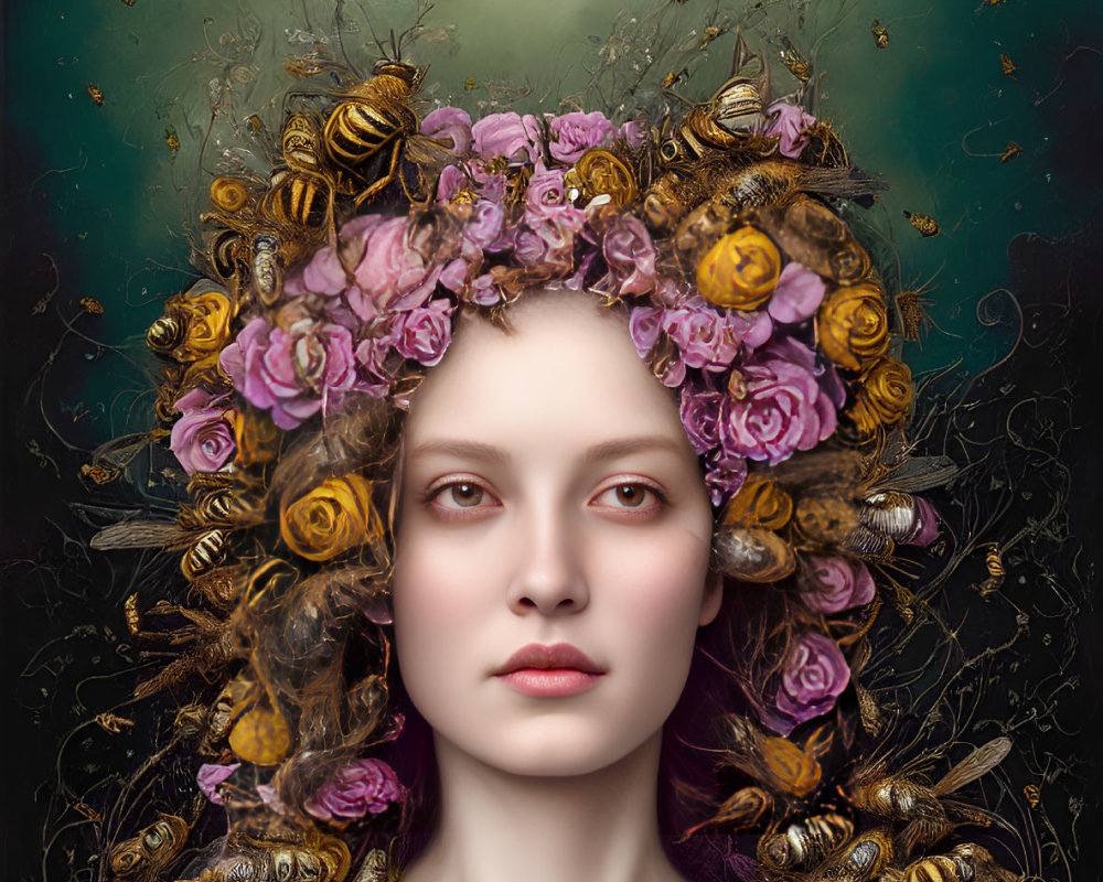 Woman with serene expression crowned with roses and bees symbolizing nature harmony