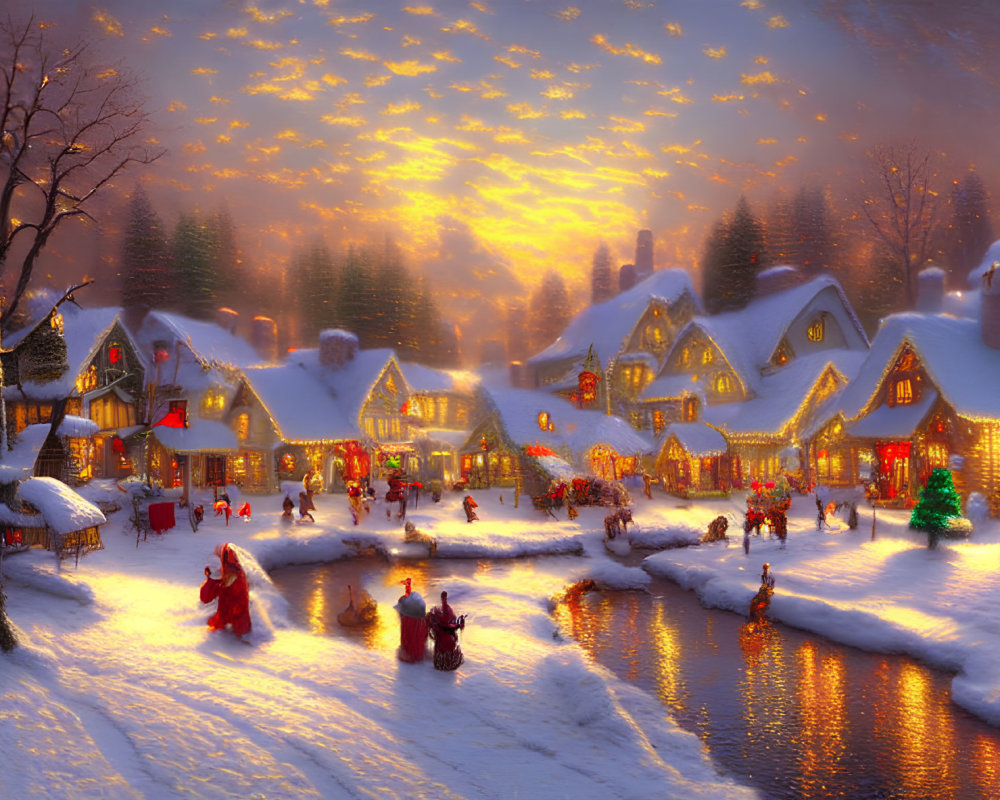 Snow-covered village at dusk with Christmas tree and river activities.