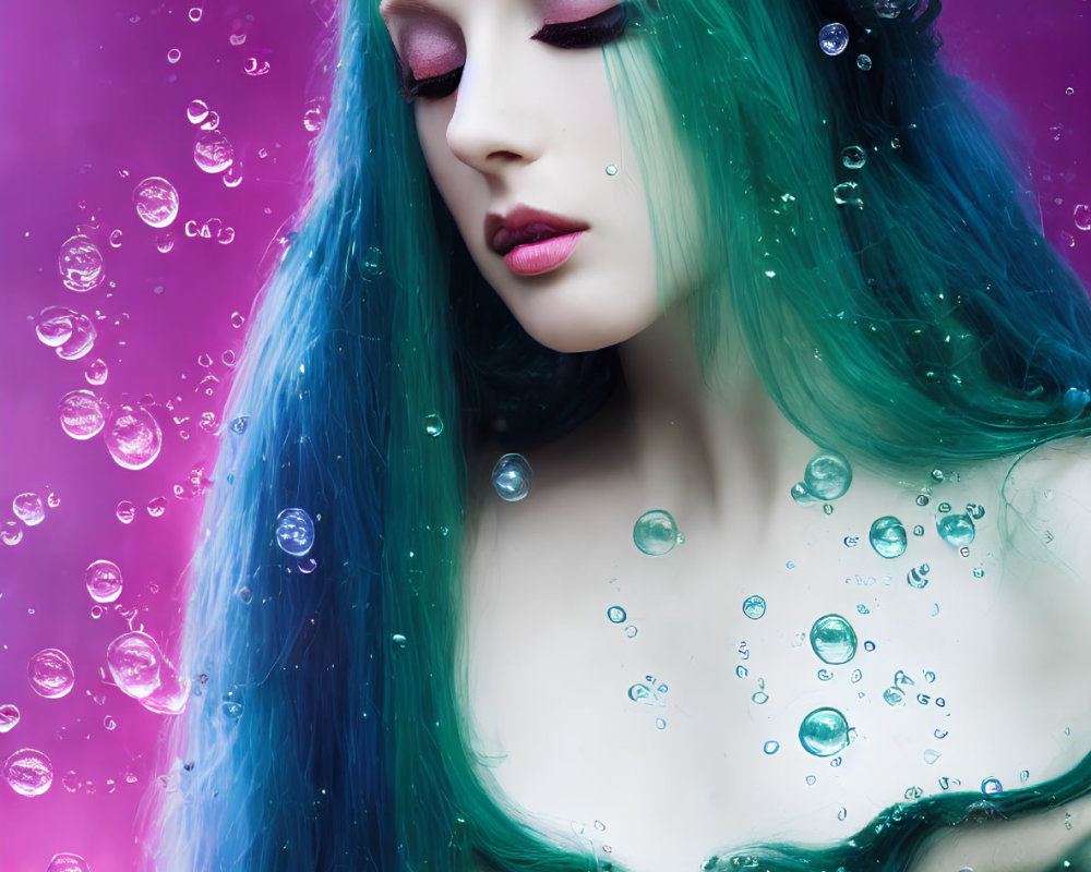 Blue-haired woman with dark makeup on purple background with floating bubbles