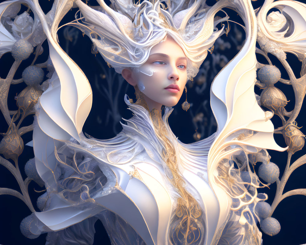 Ethereal woman in white and gold attire with intricate patterns