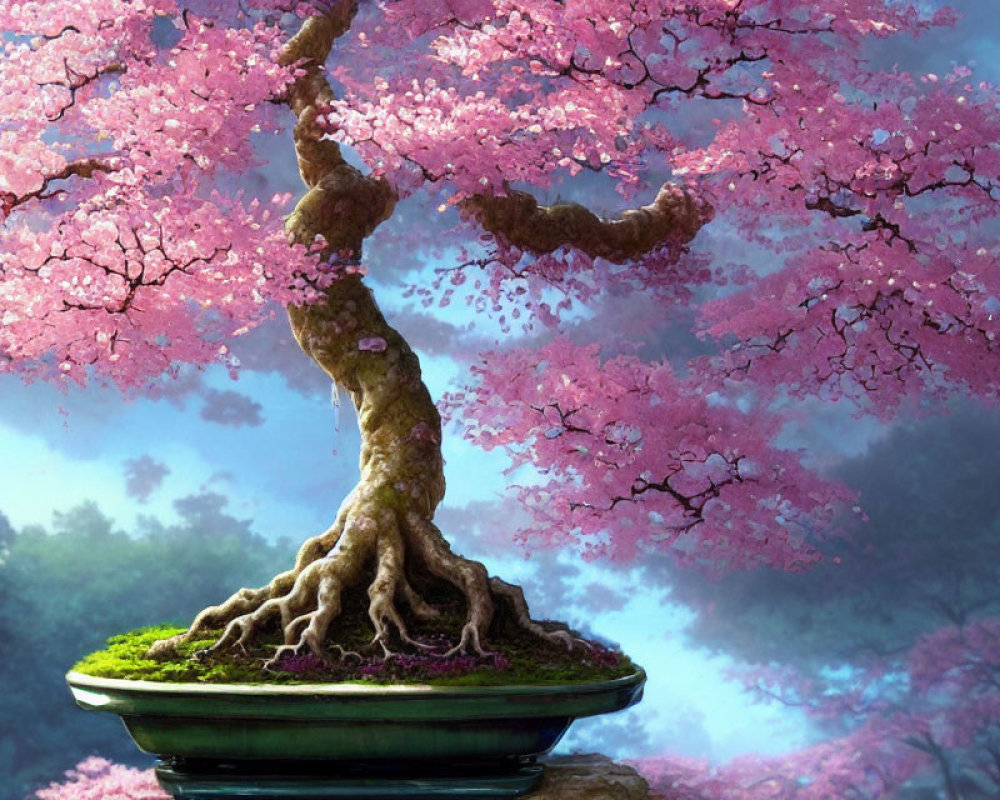 Vibrant pink cherry blossoms on bonsai tree in green pot against mystical forest backdrop