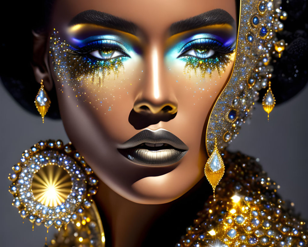 Woman with Dramatic Makeup and Sparkling Jewelry in Gold and Blue Eyeshadow