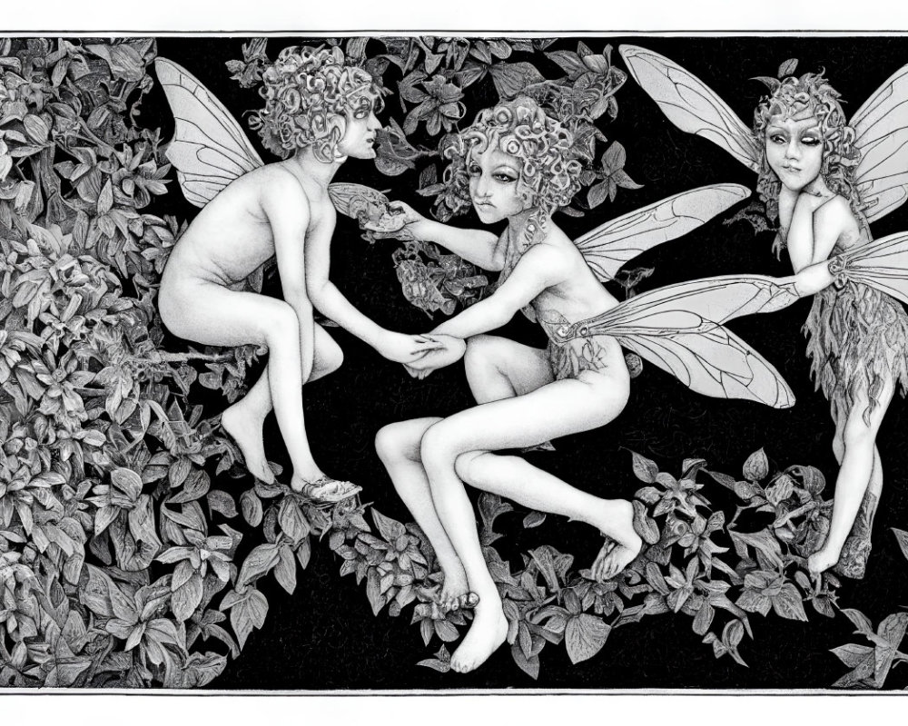 Detailed illustration of three fairies with intricate wings in leafy foliage.