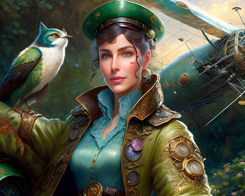 Steampunk-themed woman with bird near forest airship