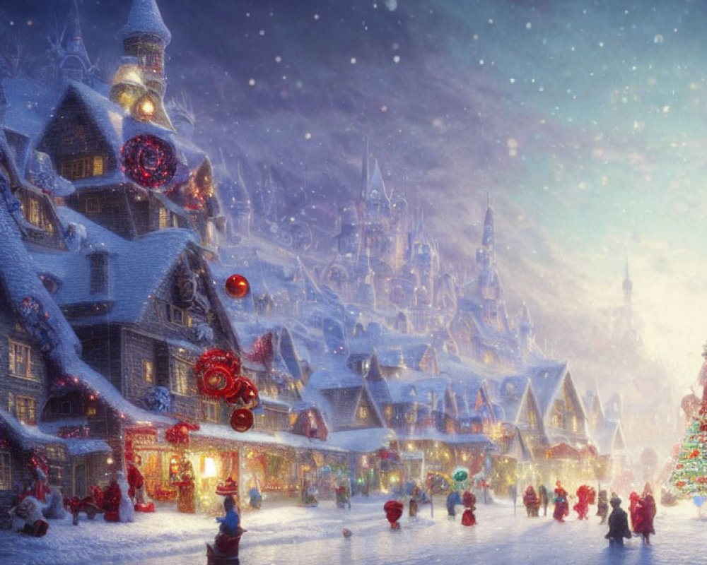 Snowy Christmas village with festive decorations and bustling crowd