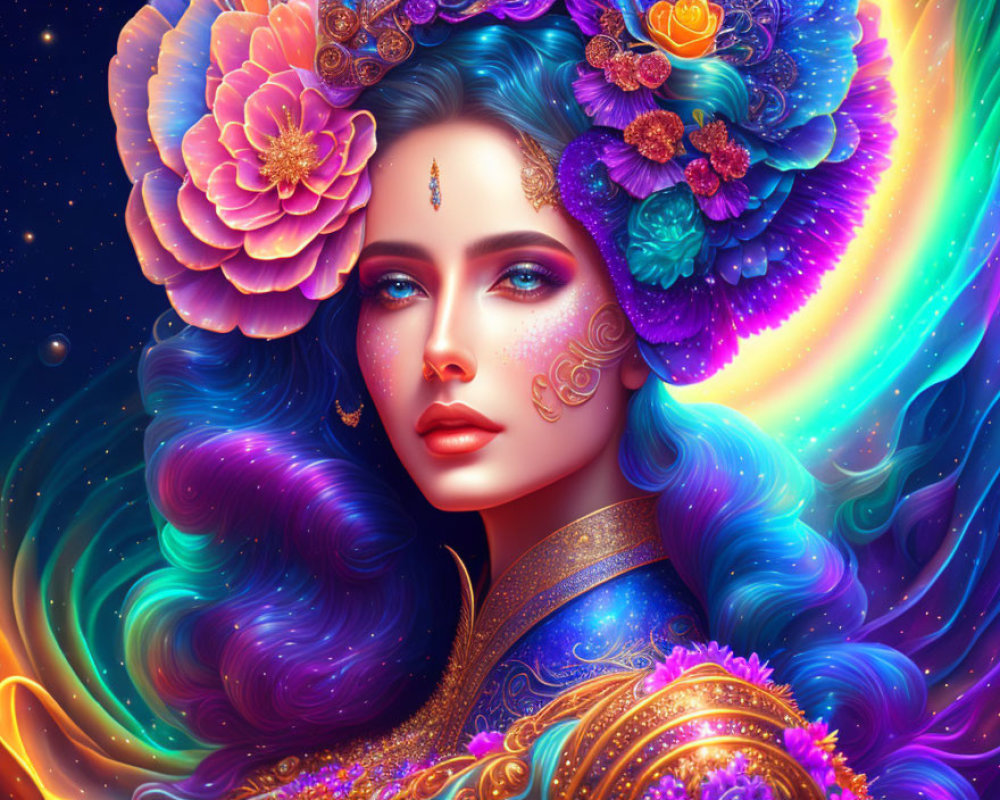 Colorful portrait of woman with floral and cosmic hair on starry backdrop