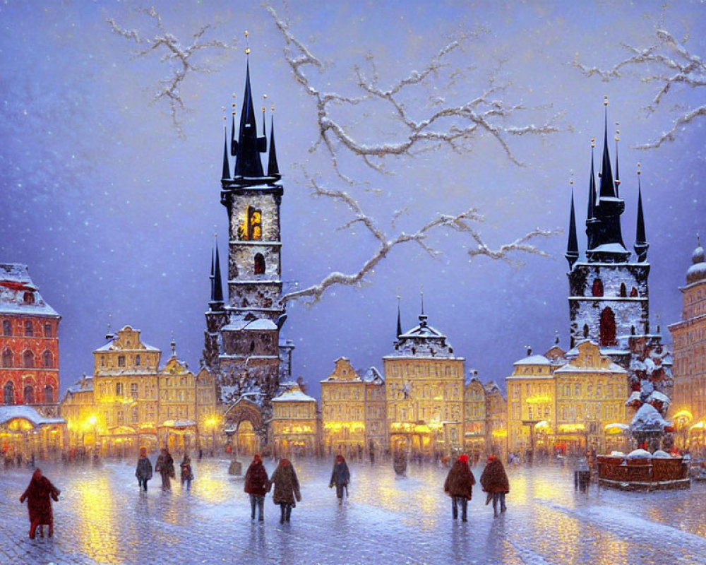 Historic winter town square with illuminated buildings and falling snow