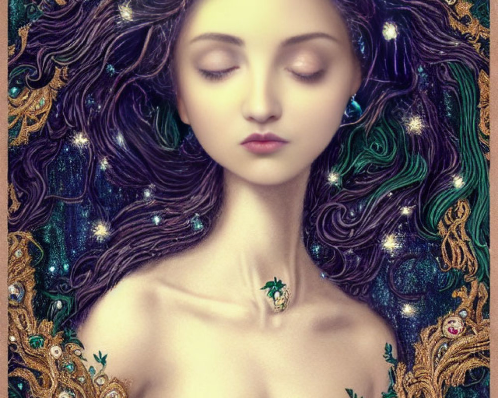 Ethereal woman with dark hair and galaxy motif necklace on cosmic backdrop