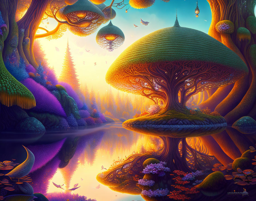 Fantasy landscape with mushroom-like trees and floating lanterns