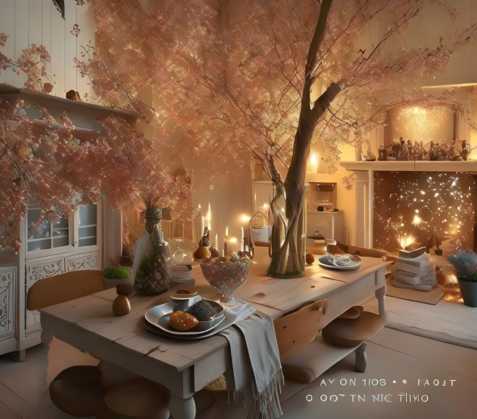 Autumnal-themed cozy dining room with table set for two and soft pink foliage.