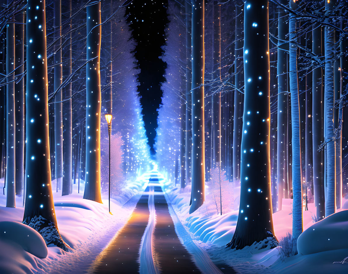 Snowy Forest at Night with Blue Lights and Starry Sky