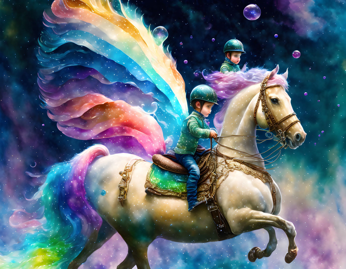 Child in helmet riding majestic horse in cosmic scene