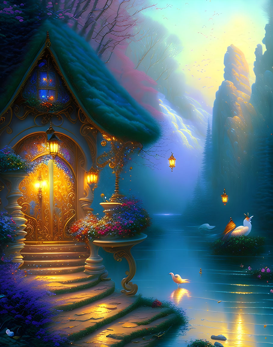 Enchanting nighttime scene with fairy-tale cottage by serene river