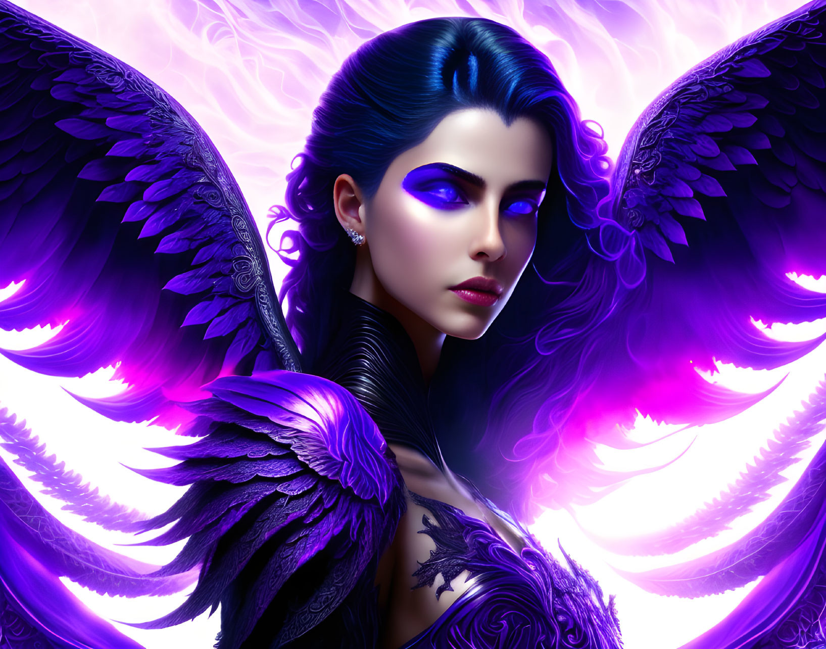 Digital Artwork: Woman with Blue Eyes and Dark Wings in Purple Aura