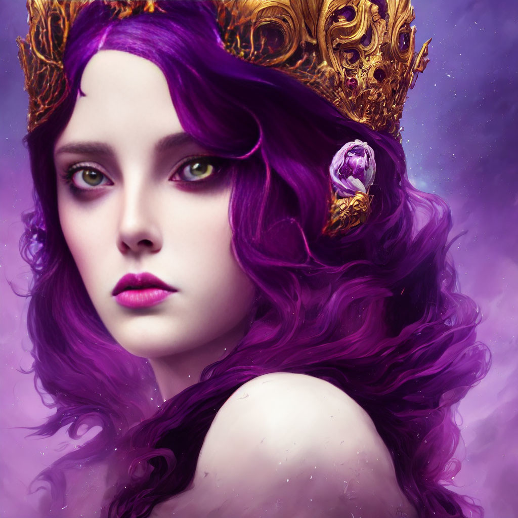 Vibrant purple hair and green eyes in digital portrait with gold crown on purple background