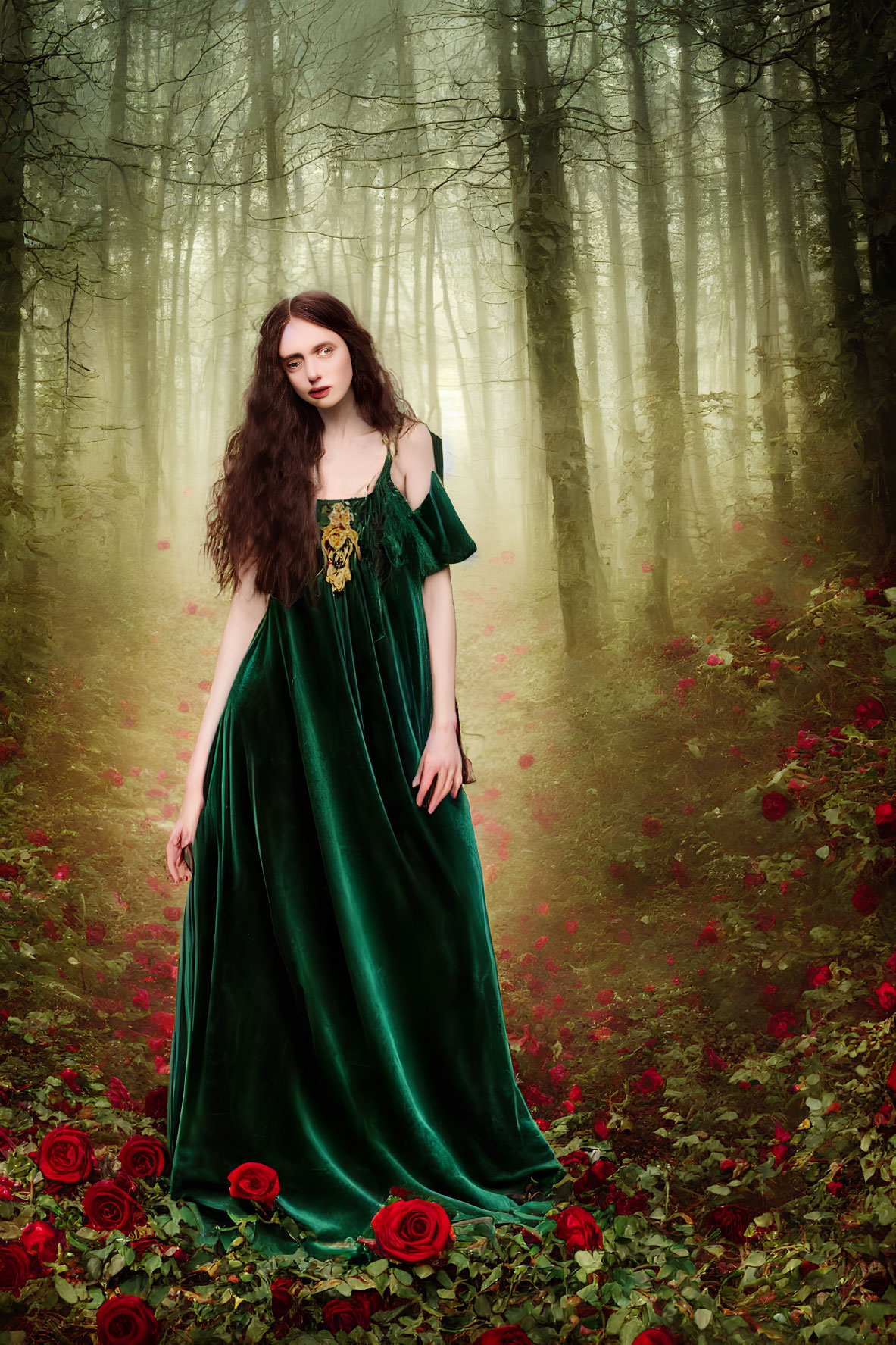 Woman in Green Dress Surrounded by Red Roses in Foggy Forest