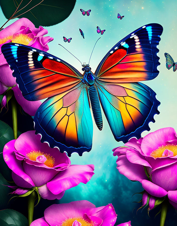 Colorful Butterfly Art with Pink Roses and Background Butterflies