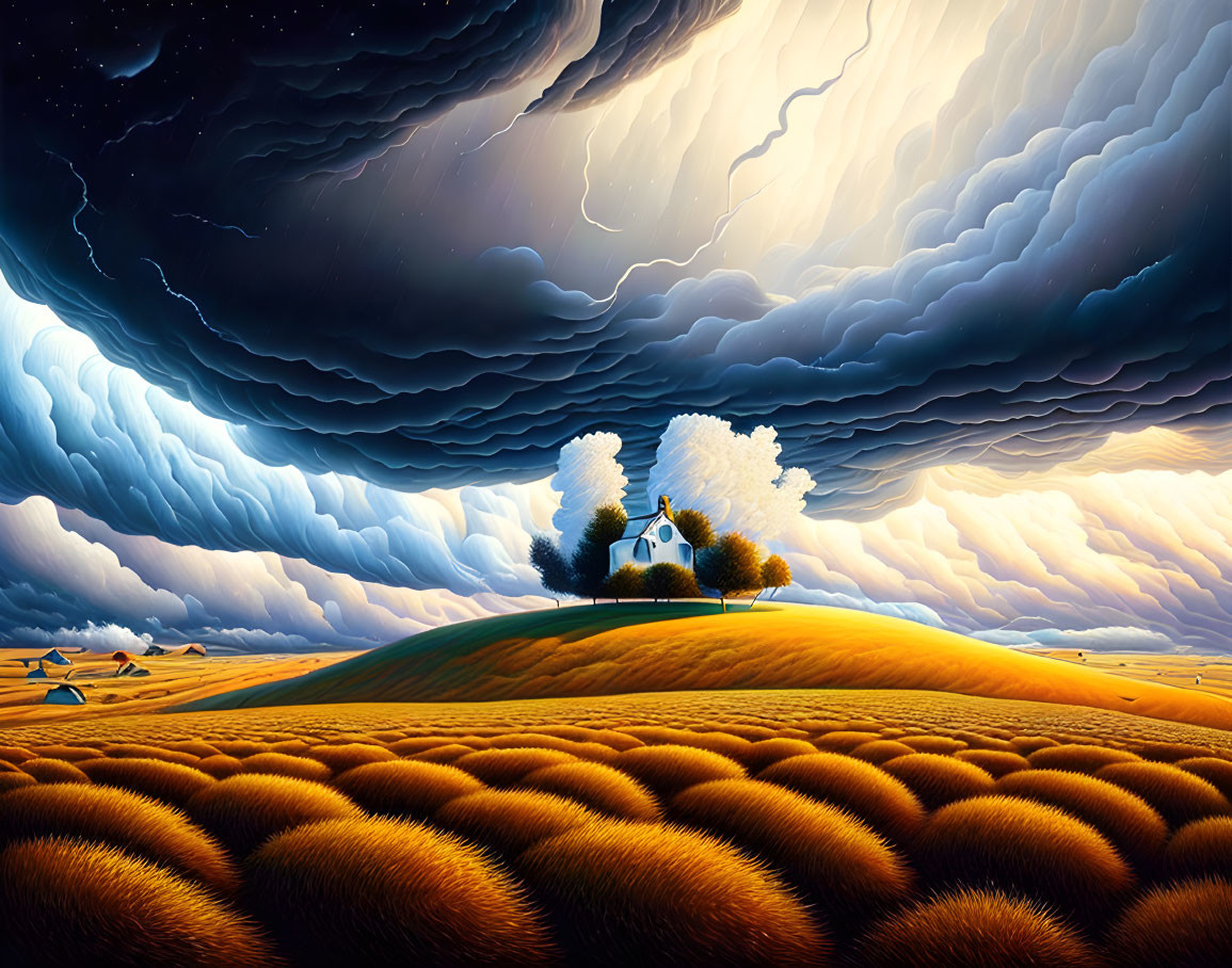 Surreal landscape: small house on hill, golden wheat fields, swirling dark sky