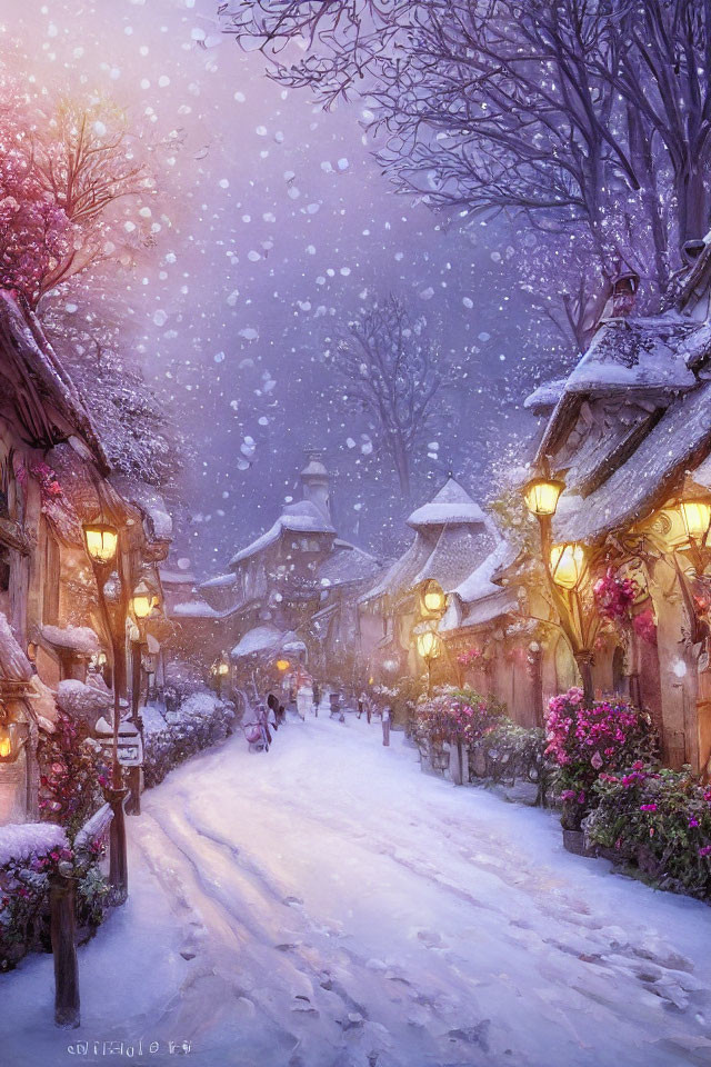 Snowy village at twilight with warmly lit street lamps, falling snow, and colorful flowers.