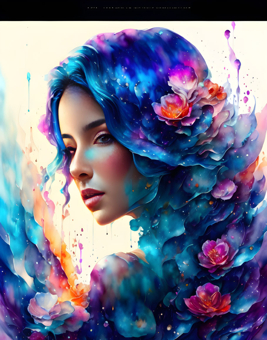 Vibrant blue hair woman in cosmic floral digital art