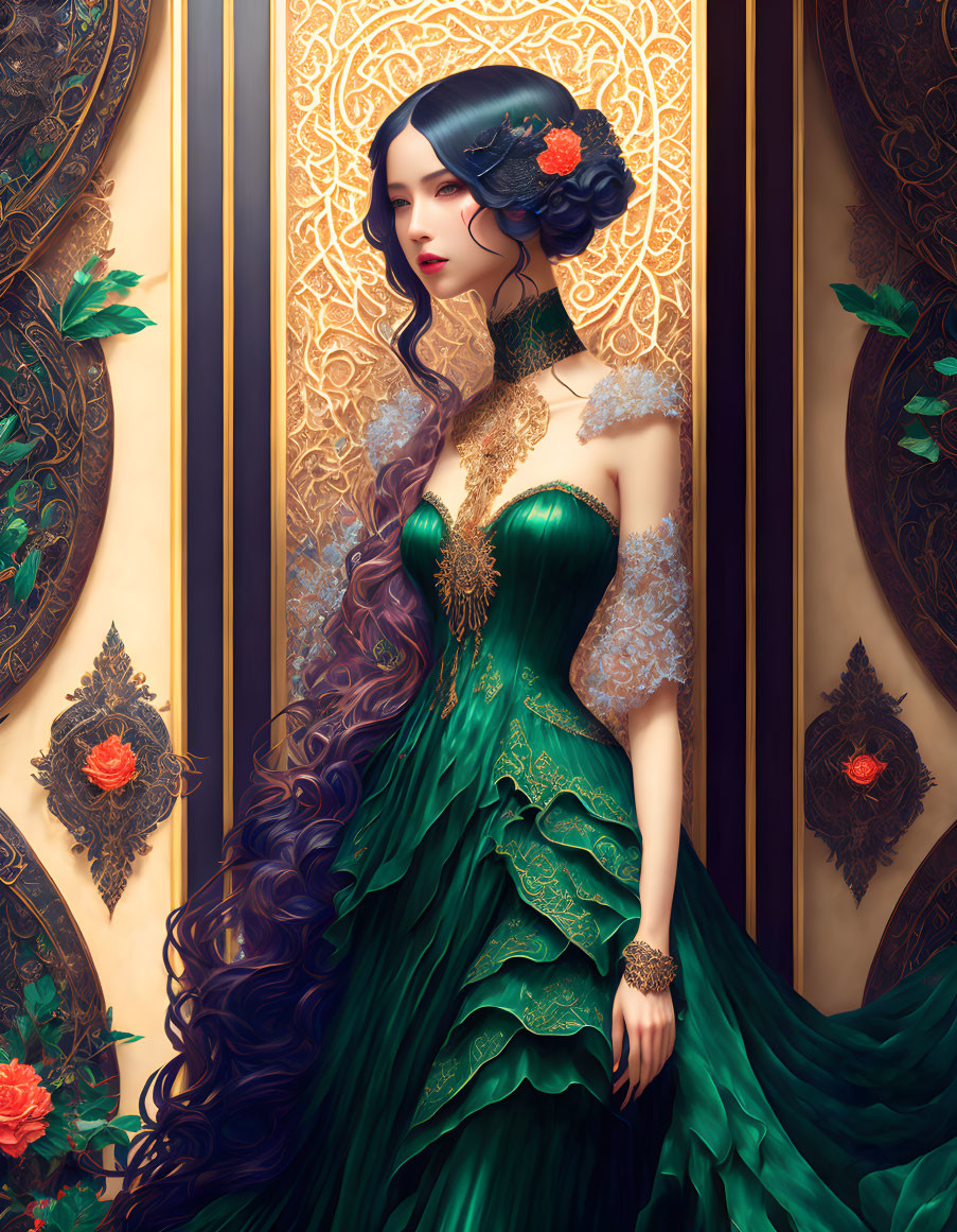 Illustrated portrait of woman with purple hair in fantasy gown.