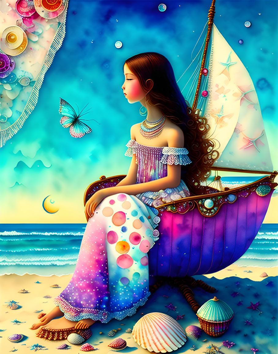 Whimsical digital art: Girl on fantasy boat with butterflies, seashells, vibrant beachscape