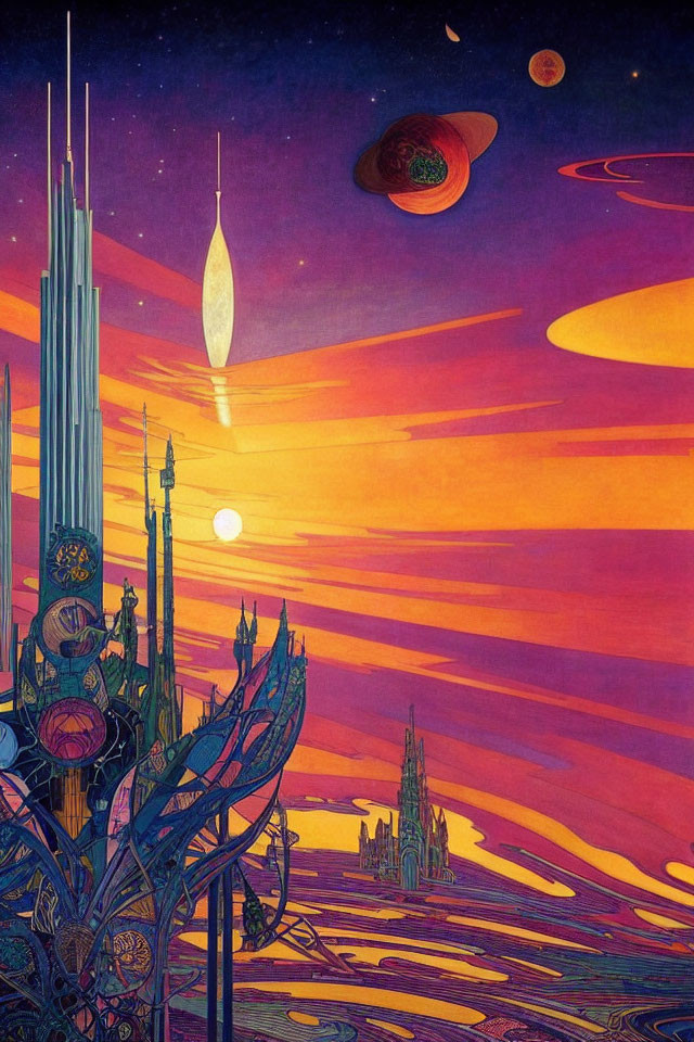 Futuristic science fiction landscape with alien planets and stars in purple and orange sky