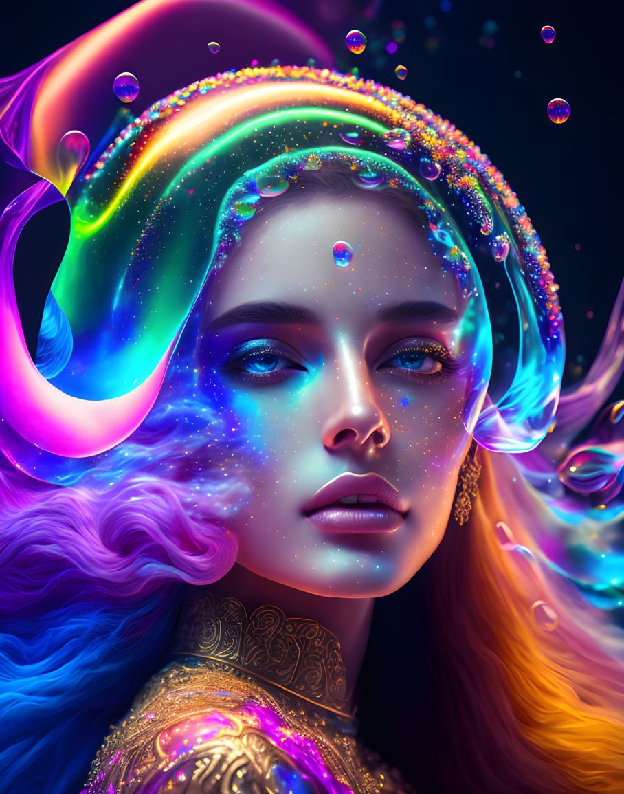 Multicolored Cosmic Hair Portrait with Iridescent Bubbles