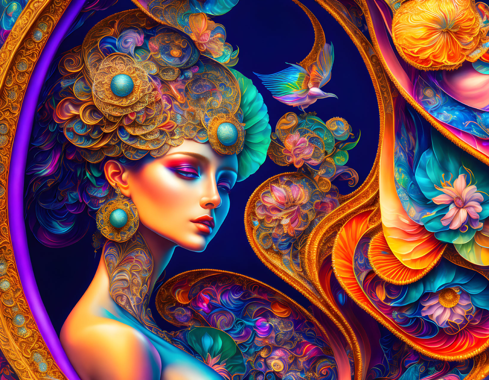 Colorful digital artwork: Woman with headpiece and tattoos in ornate floral setting