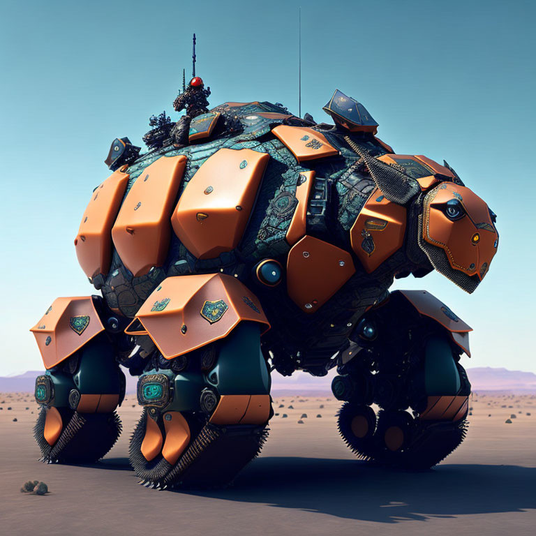 Orange-armored spherical vehicle with hexagonal panels in desert landscape