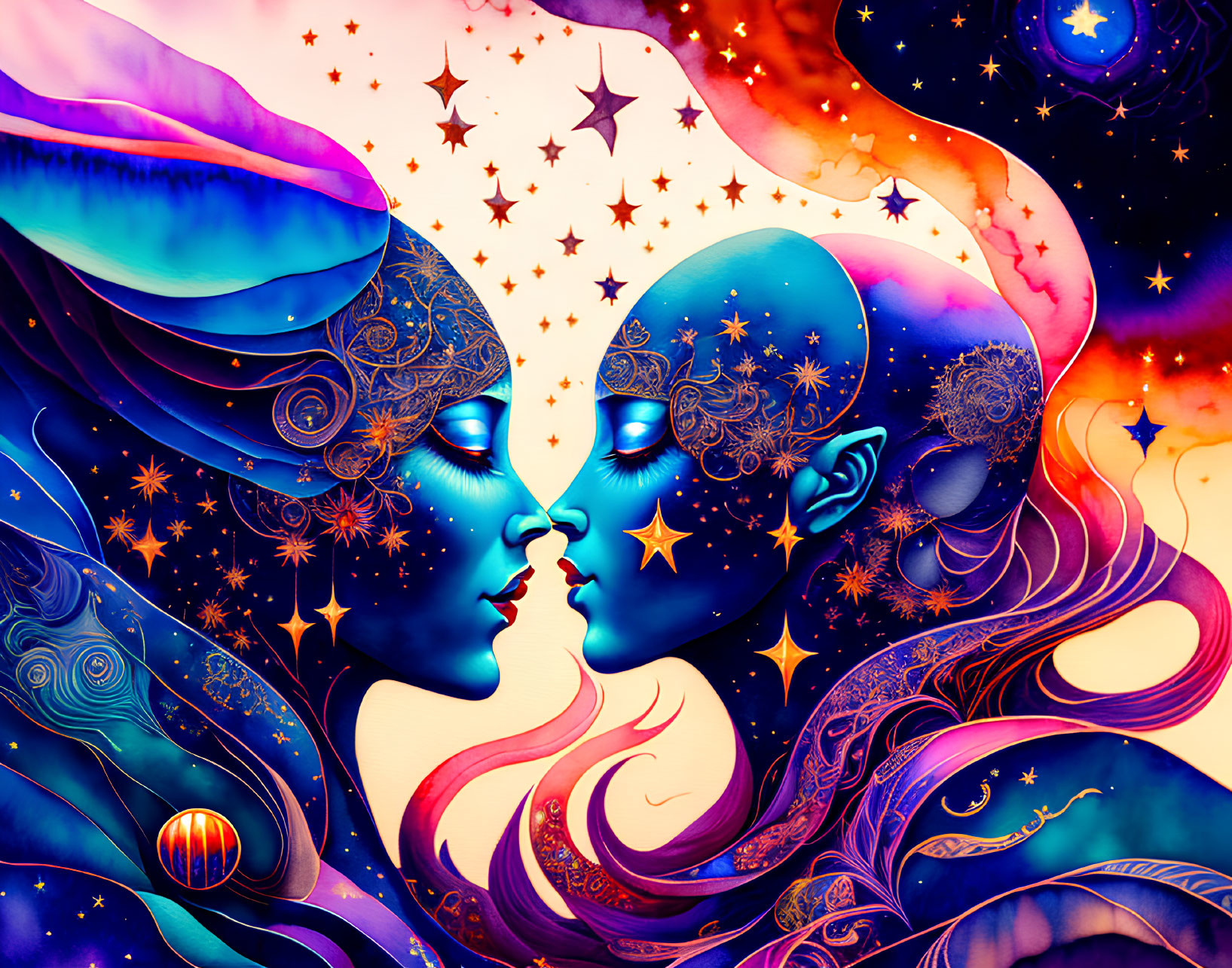 Stylized faces in cosmic embrace with blue and orange hues