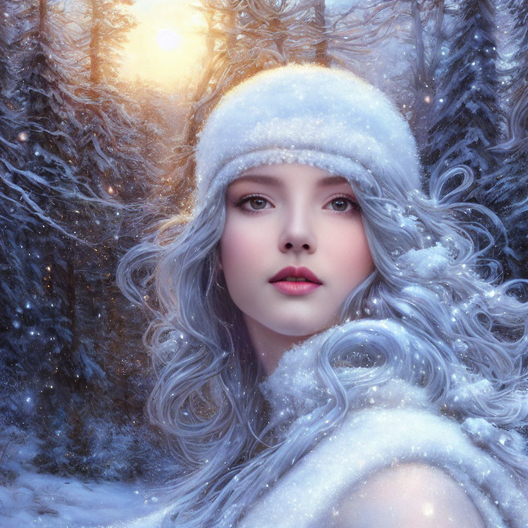 Silver-Haired Woman in White Fur Hat in Snowy Forest