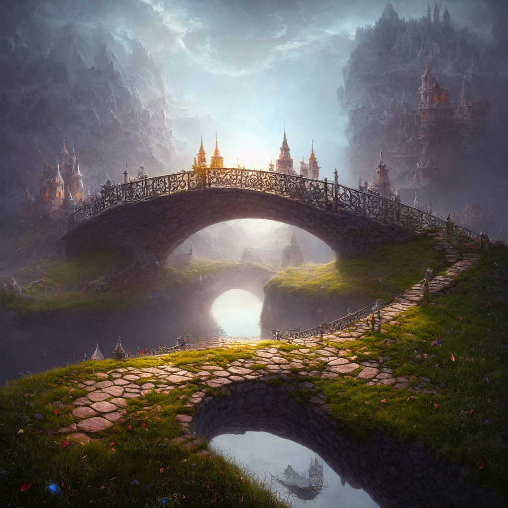 Stone bridge with lanterns over chasm in mystical landscape with castle reflected at sunset