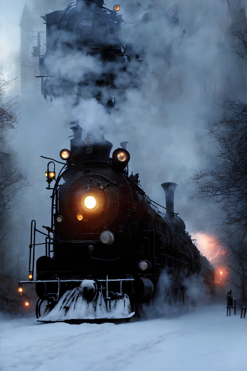 Vintage steam locomotive travels through snowy landscape