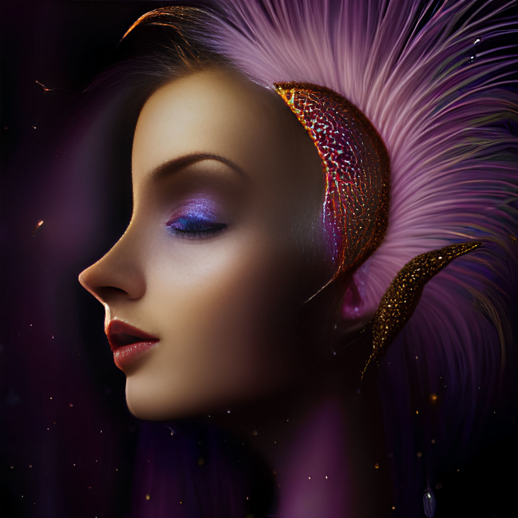 Woman with Vibrant Makeup and Fantasy Bird Headdress on Dark Background